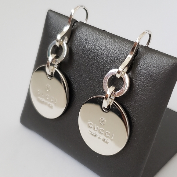 GUCCI Sterling Silver Trademark Round Drop Earrings